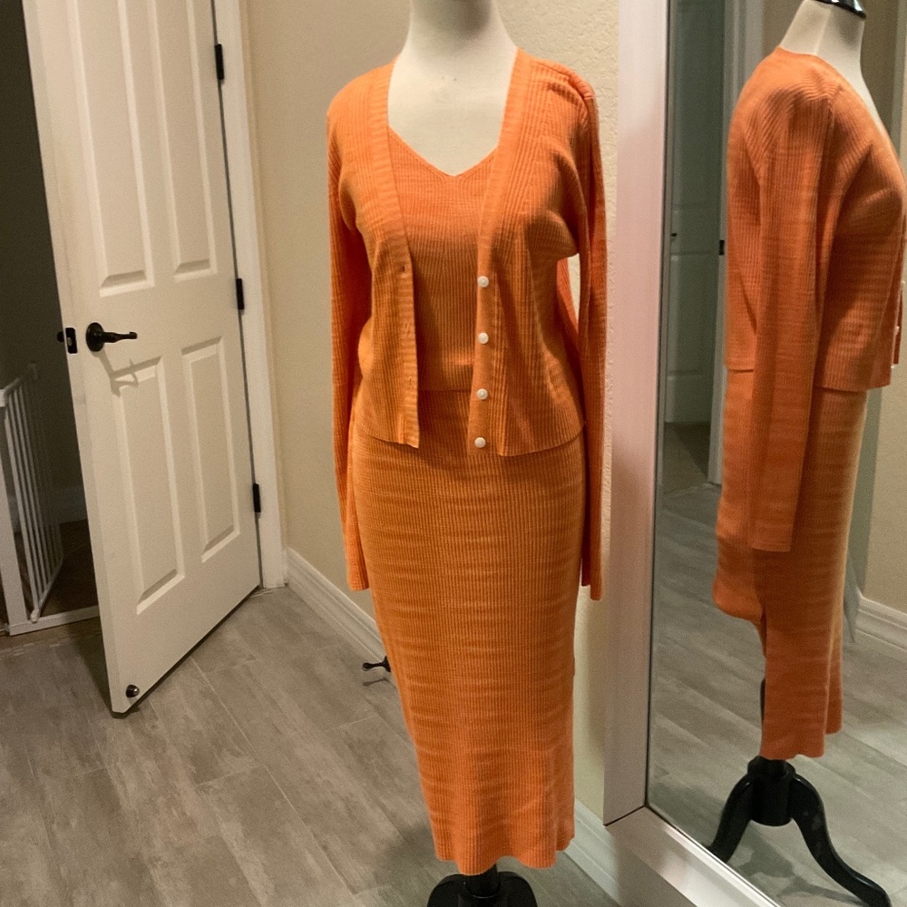 Orange Knit 3 Piece Set House of Harlow 1960 Size M Midi Dress-Top-Skirt